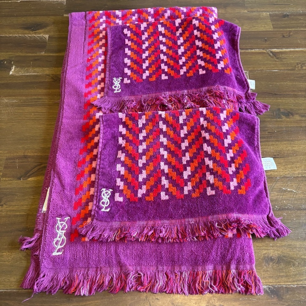 Vintage YSL Towel Set Chevron Abstract Geo Retro Bright Purple Red Orange Fringe